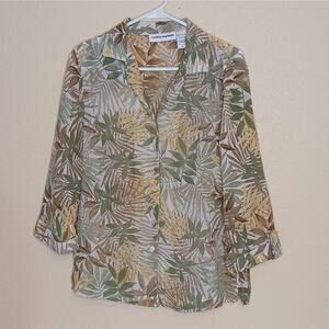 Cathy Daniels Womens Top Small Green Floral Button Front Sheer Blouse 3/4 Sleeve